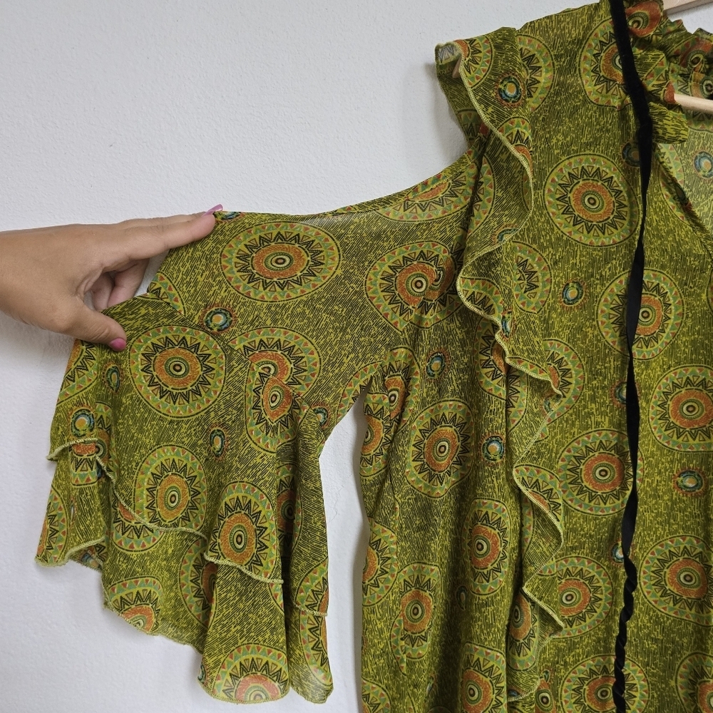 Olive Green Cold-Shoulder Ruffle Blouse - Picture 8 of 15